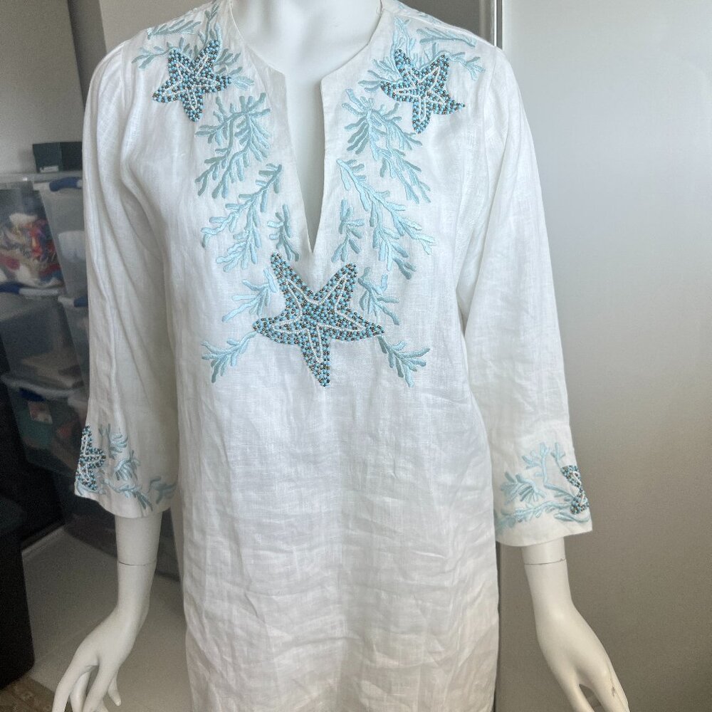 Barbara Gerwit Beaded Starfish Linen Tunic Top SZ S